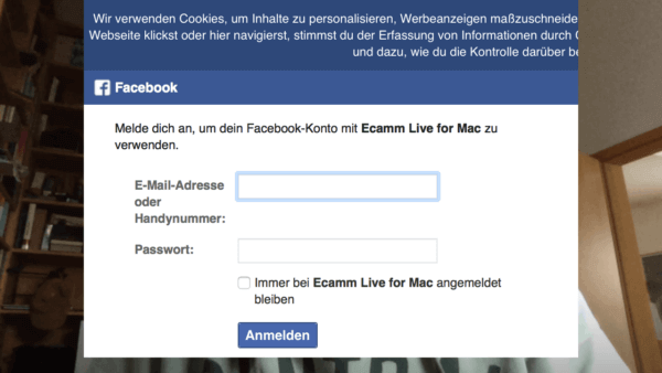 Ecamm live: Login bei Facebook
