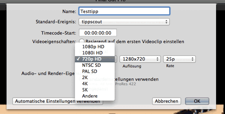 Vorgaben für Projekt in Final Cut Pro X