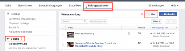Die Konfiguration des Facebook-Livestreams für eine Sendung vom Desktop.