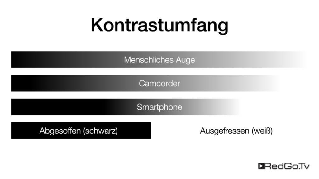 Infografik über die Unterschiede des Kontrastumfangs von Kameras. Mehrere Balken mit Verläufen von Schwarz nach Weiß.