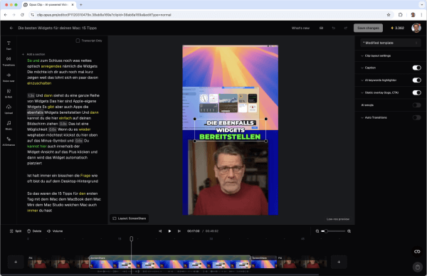 Der Editor von Opus Pro. Links der transkribierte Text, rechts das Videobild und unten eine Timeline zum Schneiden des Videos.