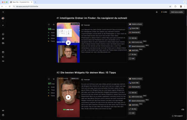 Benutzeroberfläche des Online-Dienstes Opus Pro. Hier sind zwei der Clips zu sehen, die Opus Pro aus einem längeren Video erzeugt hat.